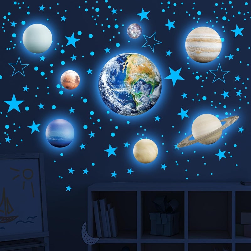 Robmoda Glow in The Dark Stars Solar System Wall Decals, The Earth Wall Stickers for Bedroom, Baby Nursery Planets Sticker Decoration for Ceiling (Blue) - Image 2